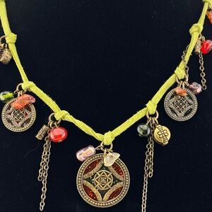 Bohemian Green Charm Necklace with Red and Bronze Accents by Concha Garcia